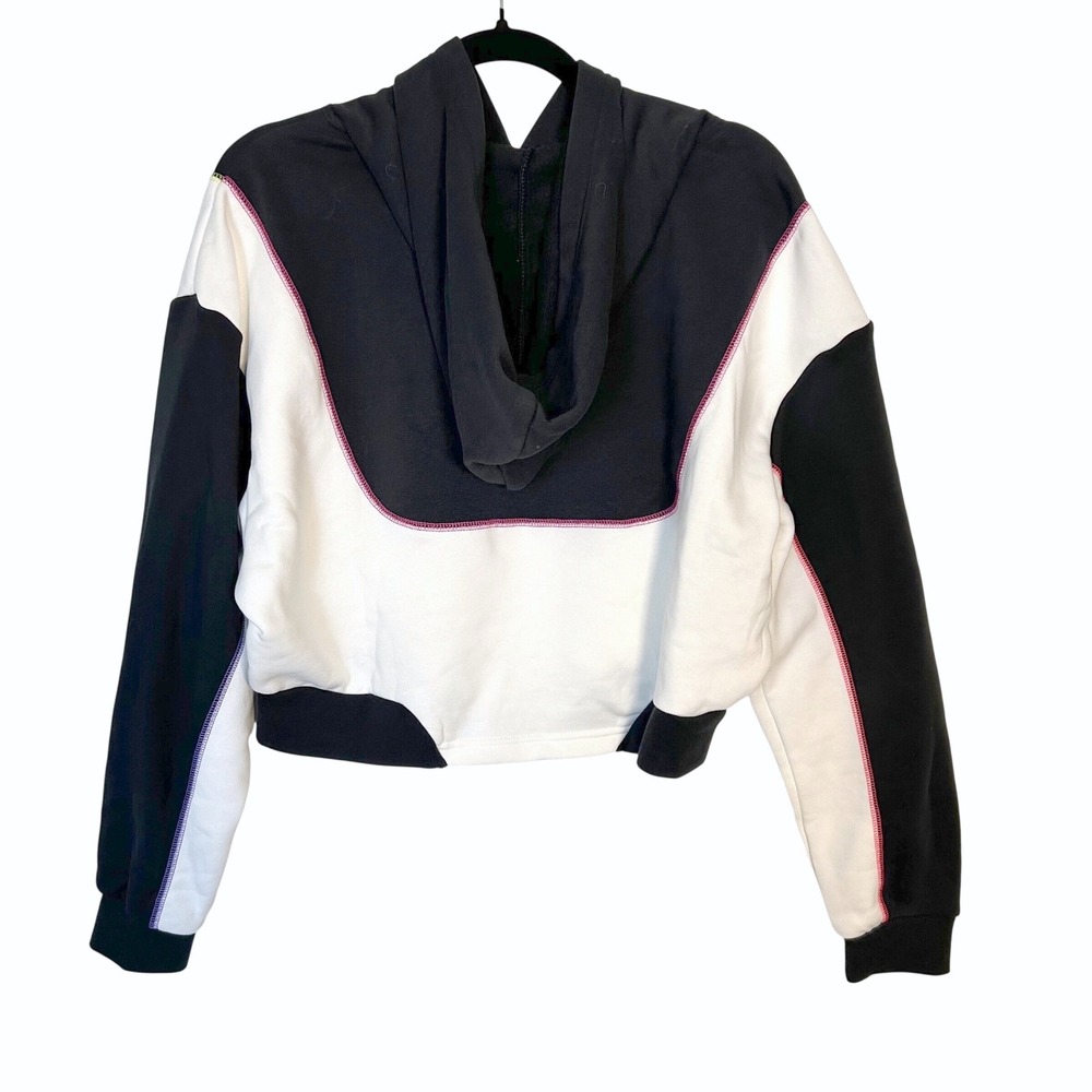 Women's Medium Nike Oversized Neon Stitch Fleece Cropped Hoodie Black White - Picture 2 of 7